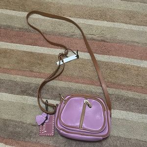 Tan and pink leather crossbody shoulder bag